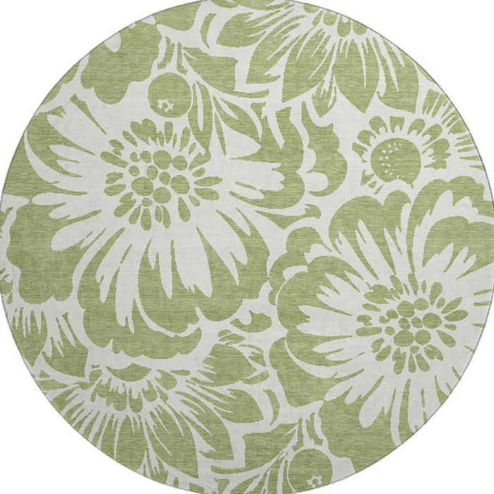 8' Floral Washable Round Rug With UV Protection (648613) - Fern Green / Ivory