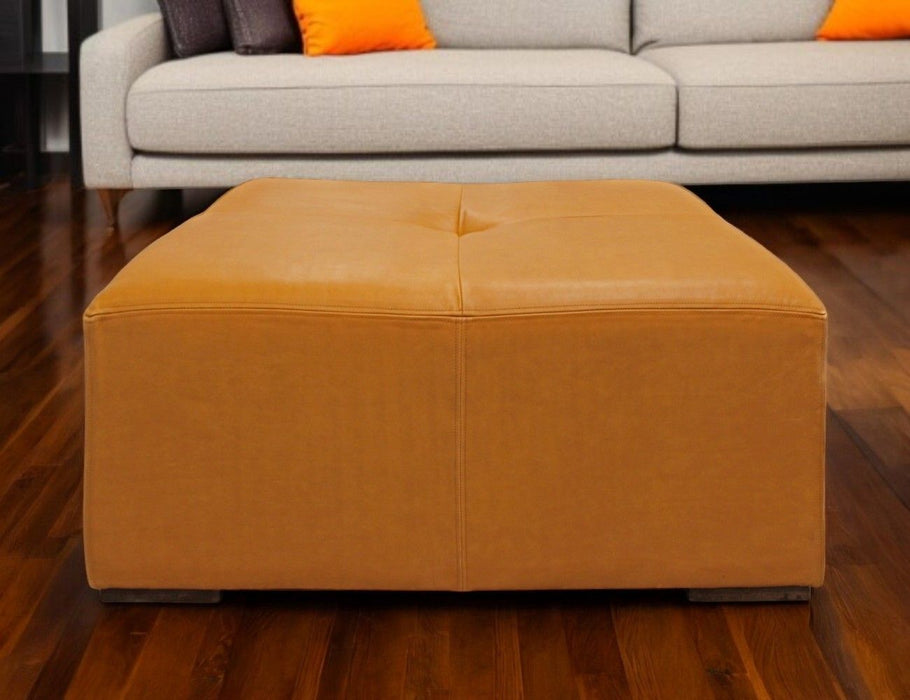 36" Genuine Leather And Solid Wood Square Cocktail Table - Orange