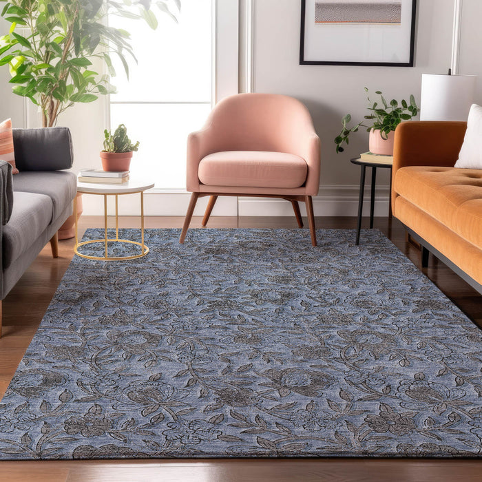 8' X 10' Floral Washable Area Rug With UV Protection - Blue And Gray