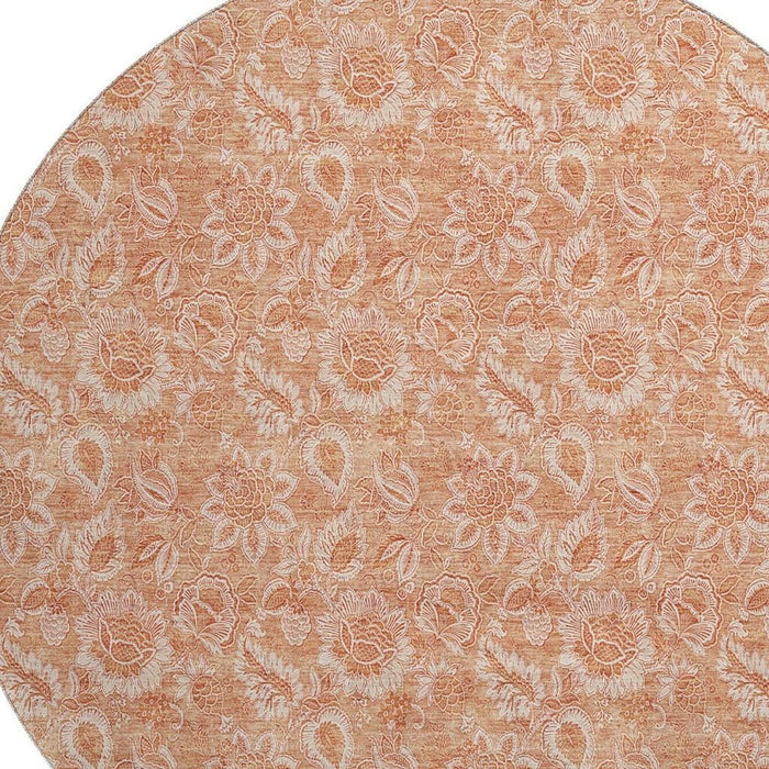 8' Floral Washable Round Rug With UV Protection (655147) - Salmon / Ivory