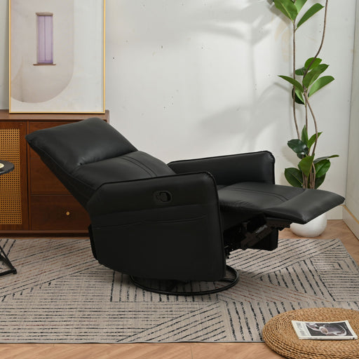 Giga 360° modern small rocking swivel recliner chair with side pocket, upholstered in neutral fabric, showcasing contemporary design.