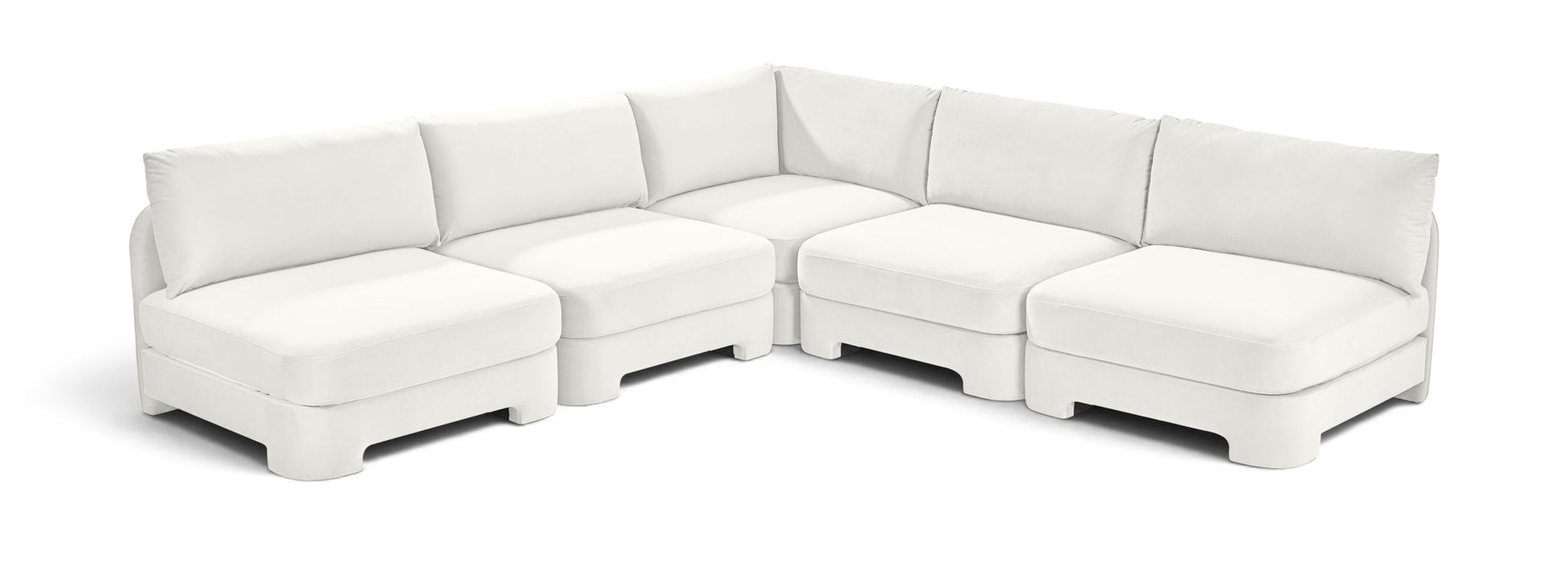 Meridian Furniture Hammond velvet performance fabric 5-piece armless sectional sofa in neutral tones, showcasing plush upholstery and modern design.