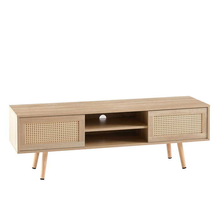 Giga 55.12-inch rattan TV stand with double sliding doors, adjustable shelf, solid wood legs, ideal for living room storage