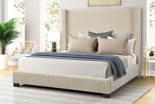 Bernards Furniture upholstered bed with a space-saving design, featuring a cushioned headboard and sleek fabric upholstery.