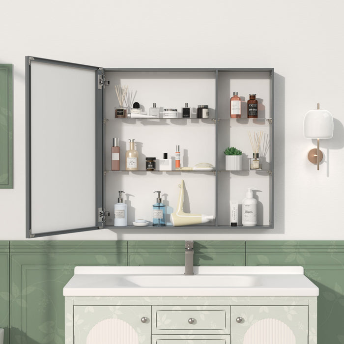 Black and brown wall-mounted Giga medicine cabinet with mirror and adjustable shelves for bathroom storage.