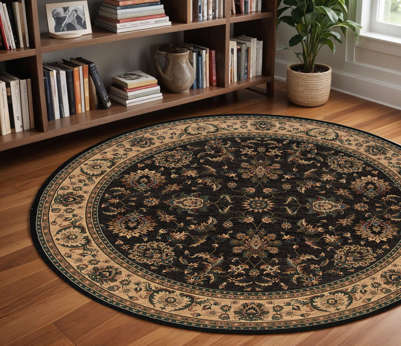 8' Oriental Round Rug - Black And Ivory