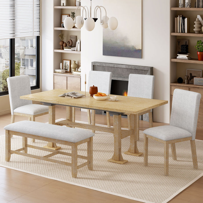 Giga Topmax 6-piece farmhouse dining table set with extendable trestle table, upholstered chairs, and bench for dining room.