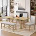 Giga Topmax 6-piece farmhouse dining table set with extendable trestle table, upholstered chairs, and bench for dining room.