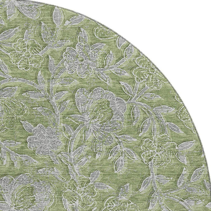 8' Floral Washable Round Rug With UV Protection - Olive Green And Gray