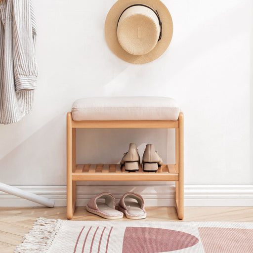 Giga shoe bench with beech wood frame, storage rack, and high rebound sponge cushion in natural wood finish