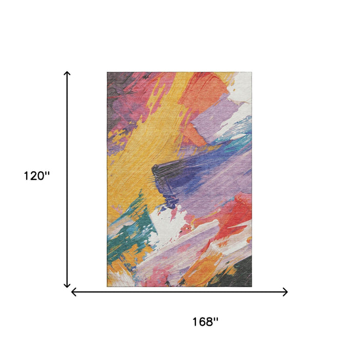10' X 14' Abstract Washable Area Rug With UV Protection (694134) - Gold / Purple / Teal / Red