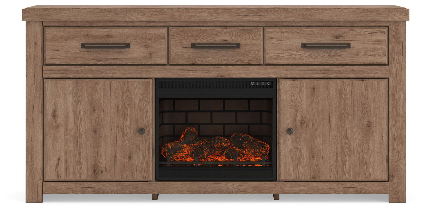 Signature Design by Ashley Garistyn TV stand with built-in fireplace option, featuring a modern wooden design and ample storage.