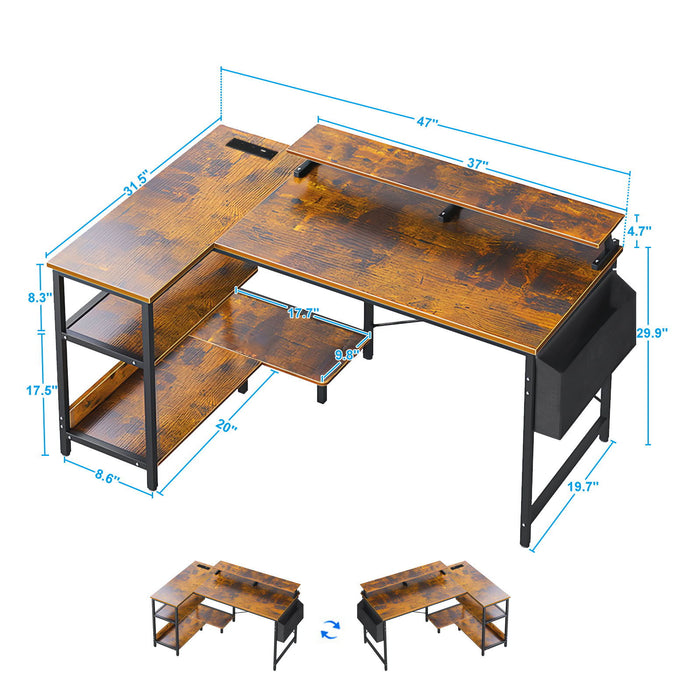 Black and brown L-shaped Giga gaming desk with power outlets, monitor stand, and storage shelves in a reversible corner workstation design.