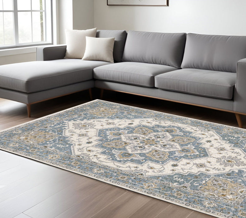 8' X 11' Medallion Distressed Area Rug With Fringe - Blue And Ivory