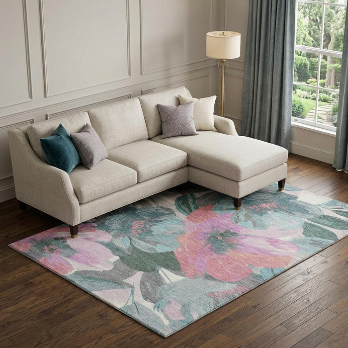 10' X 14' Floral Washable Area Rug With UV Protection (694014) - Teal / Blush / Ivory