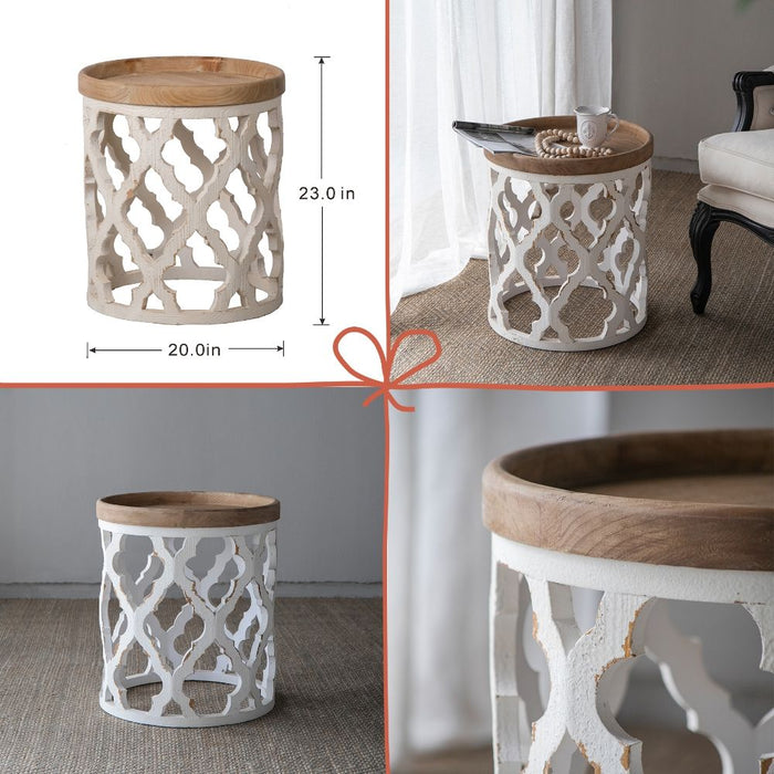 French country decor set by Giga with artificial plant, vase, trays, stool, and side table in multicolor for living room styling.