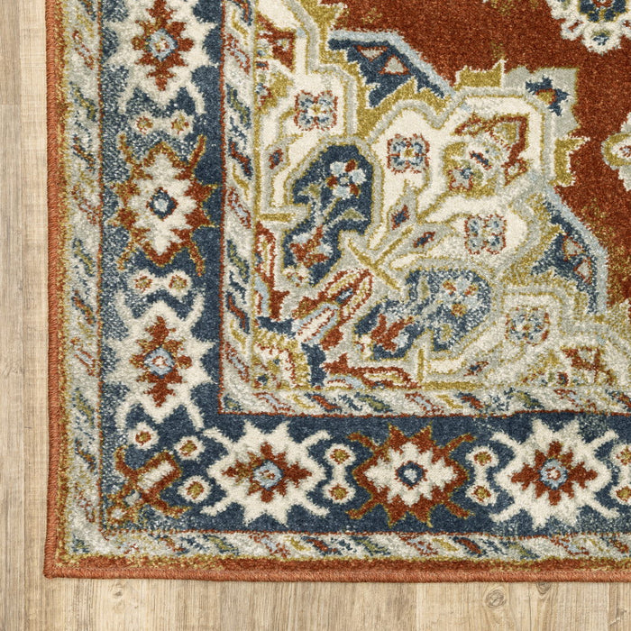 10' x 13' Oriental Power Loom Stain Resistant Area Rug - Rust Beige Teal Blue And Gold