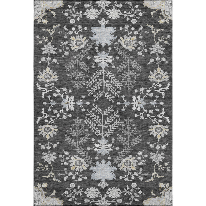 10' X 14' Floral Washable Area Rug With UV Protection (687047) - Charcoal / Gray / Silver