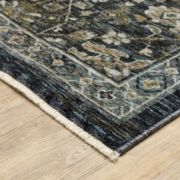 10' x 13' Oriental Power Loom Stain Resistant Area Rug With Fringe - Blue Ivory Gray Gold Green And Brown