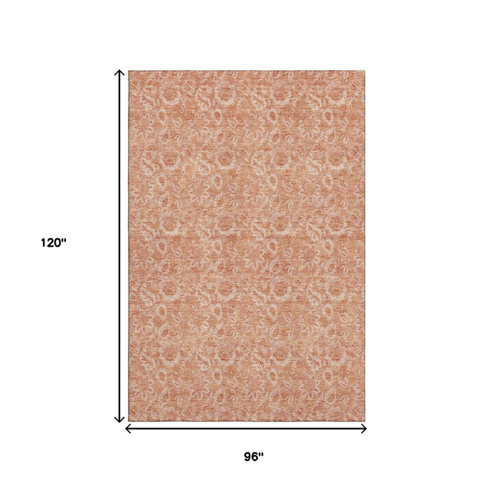 8' X 10' Floral Washable Area Rug With UV Protection (655148) - Salmon / Ivory