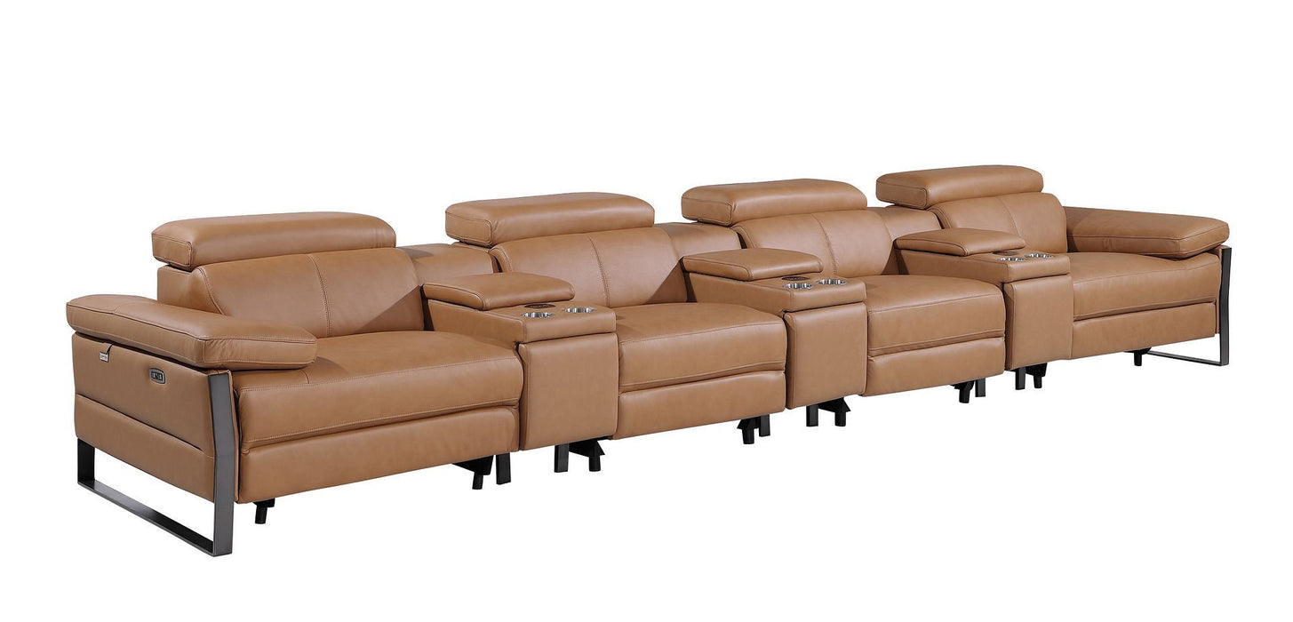 Top Grain Leather Reclining Metal USB Sofa (720353) - Chestnut