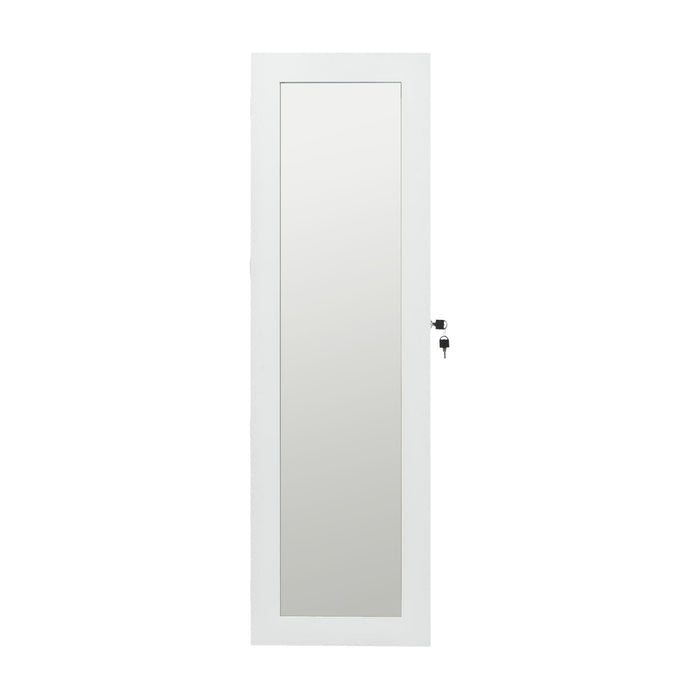 Giga jewelry armoire organizer with full-length mirror, wall-mounted lockable cabinet and integrated LED light for jewelry storage.