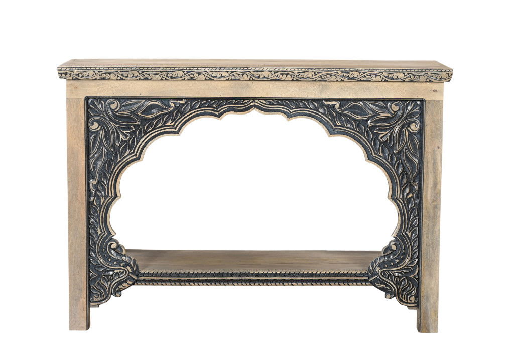 56" Solid Wood Distressed Console Table With Shelf - Black And Natural