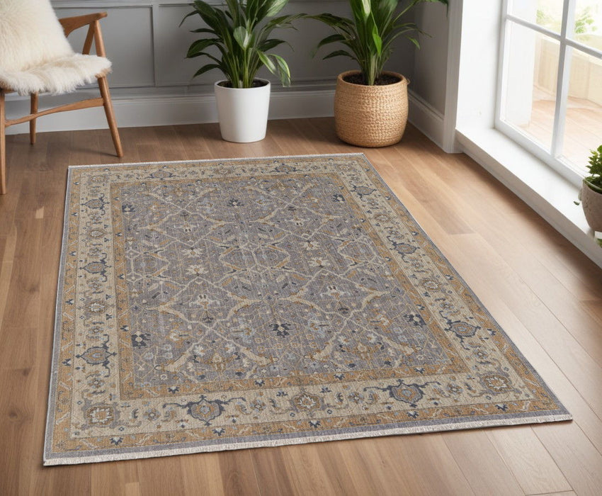 4' x 6' Wool Oriental Hand Knotted Area Rug With Fringe - Tan And Gray