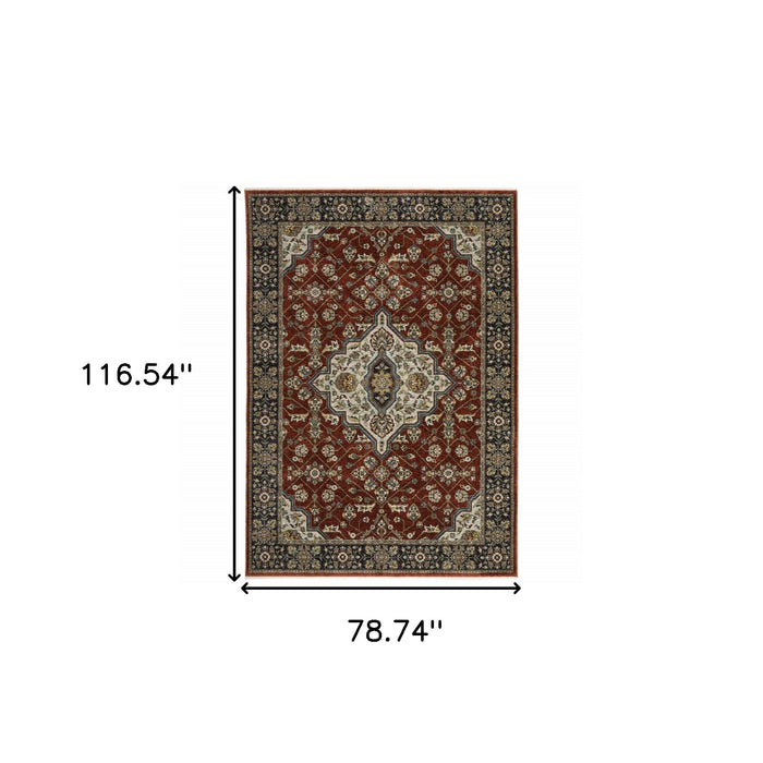7' x 10' Oriental Power Loom Area Rug With Fringe - Red And Ivory