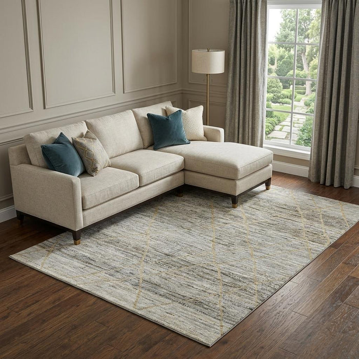 10' X 14' Abstract Geometric Washable Area Rug With UV Protection (696332) - Pewter / Beige / Gold
