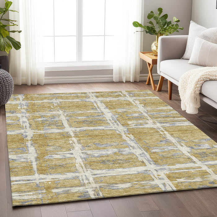 9' X 12' Striped Washable Area Rug With UV Protection - Gold