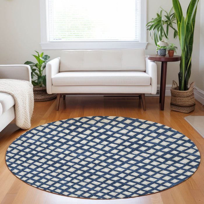 8' Transitional Geometric Washable Round Rug With UV Protection - Blue And Ivory
