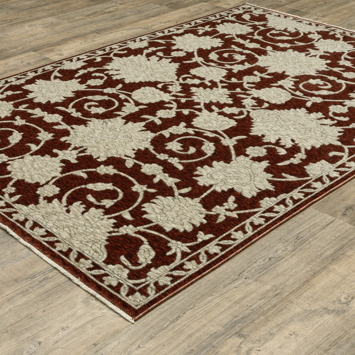 8' X 11' Floral Area Rug With Fringe - Beige