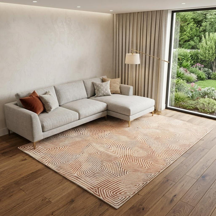 7' X 9' Geometric Washable Area Rug With UV Protection (609924) - Beige / Orange / Brown