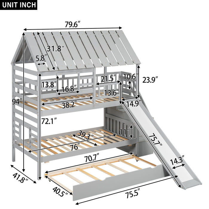 Giga house bunk bed with trundle, storage staircase, roof, and window design, featuring a cozy multi-level sleep space with built-in storage.
