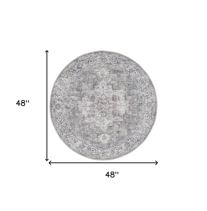 4' Floral Power Loom Worn Faded Round Rug (573481) - Gray