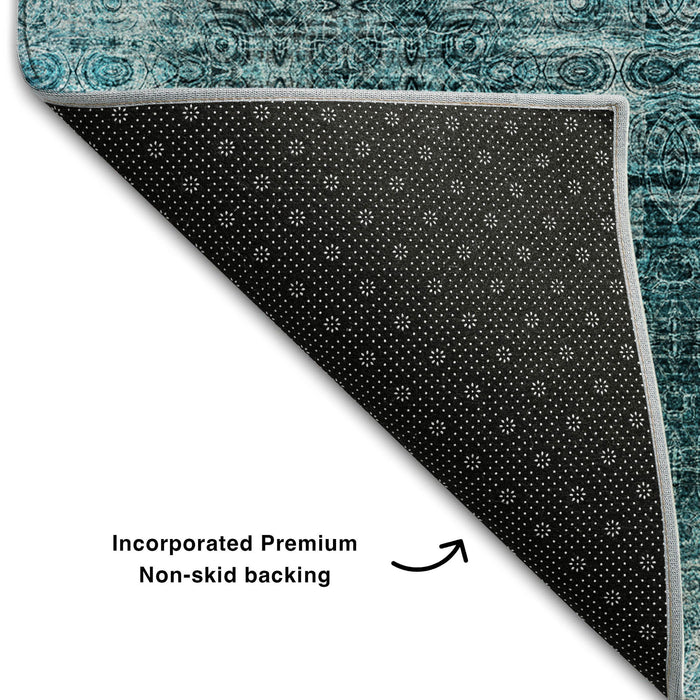 10' X 14' Floral Medallion Distressed Washable Area Rug With UV Protection (648958) - Teal / Ivory