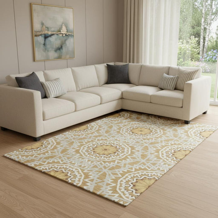 10' X 14' Geometric Washable Area Rug With UV Protection (652233) - Gold / Ivory