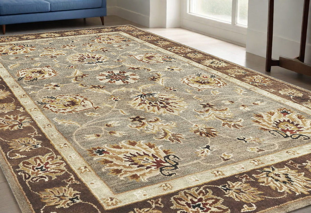 5' x 8' Floral Bordered Wool Indoor Area Rug - Gray Or Mocha
