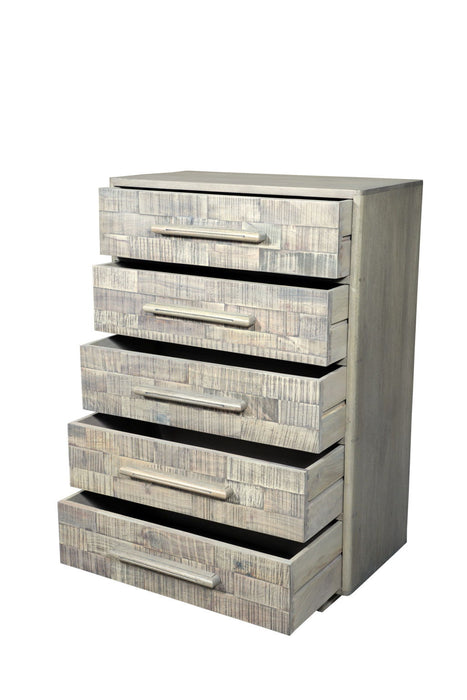 35" Carved Geometric Solid Wood Five Drawer Dresser - White