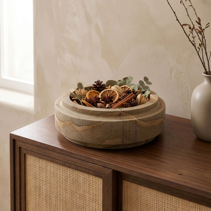 Meridian Furniture Parsons Sandstone Bowl, a stylish ceramic plate with a smooth sandstone finish, perfect for serving or display.