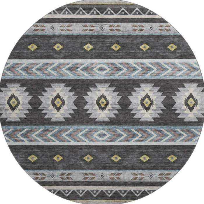 8' Geometric Washable Round Rug With UV Protection (645663) - Midnight / Gold / Ivory