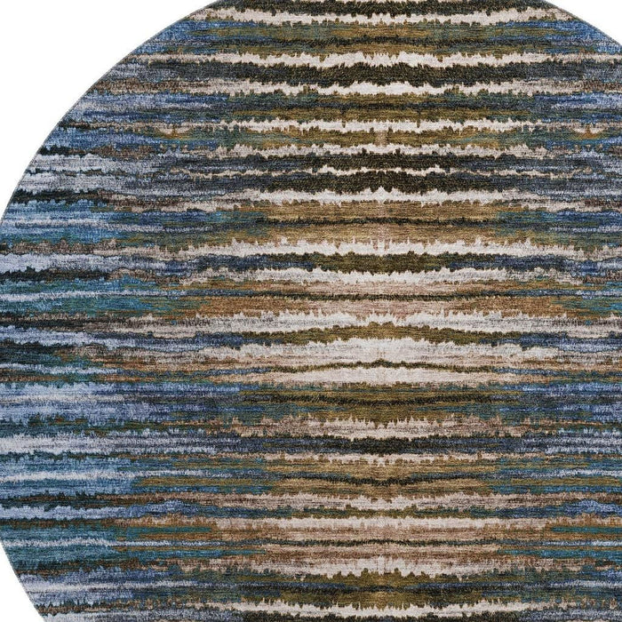 8' Striped Washable Round Rug With UV Protection (650983) - Blue / Brown / Gray