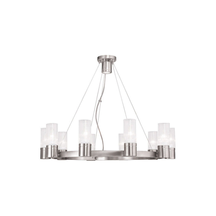 HomeRoots ten-light metal chandelier with shades in nickel finish, featuring clear glass shades and dimmable lighting.