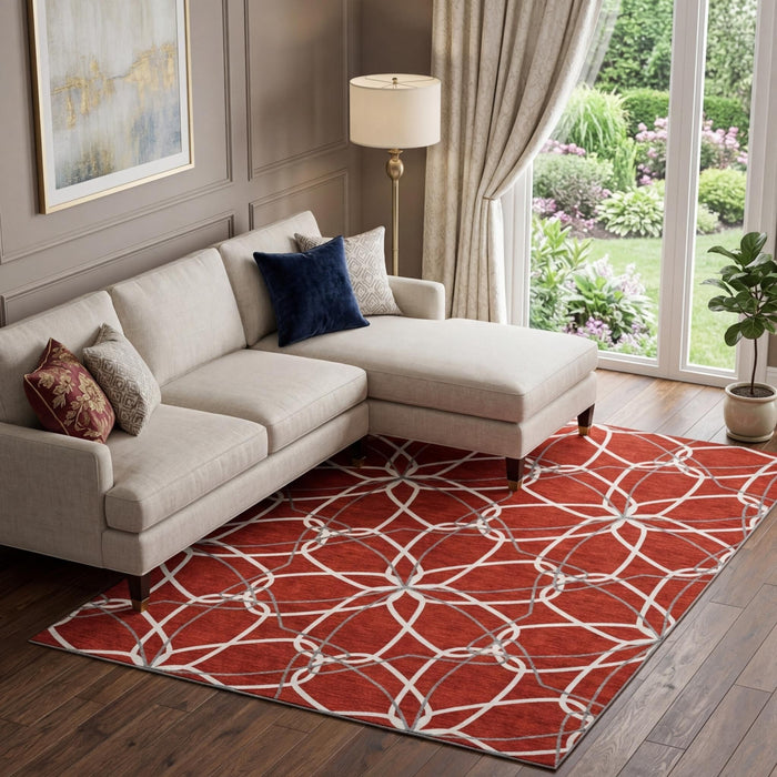 10' X 14' Geometric Washable Area Rug With UV Protection (675546) - Red / Ivory / Gray