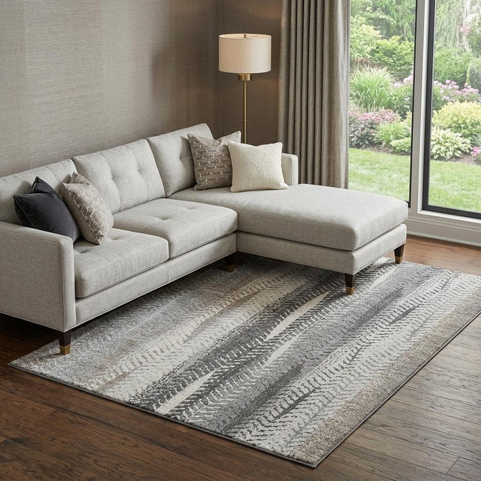 10' X 14' Striped Washable Area Rug With UV Protection (656495) - Khaki / Ivory / Gray