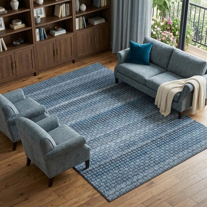 10' X 14' Striped Washable Area Rug With UV Protection (693582) - Denim Blue / Gray / Sky Blue