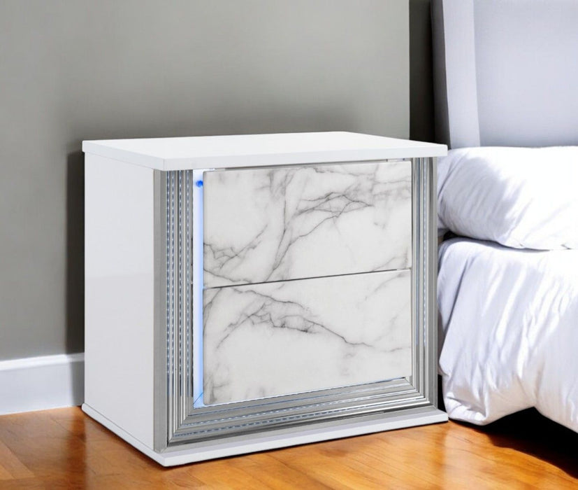 25" Wood Faux Marble Solid And Manufactured Wood Lighted Two Drawer Nightstand With USB Port - White
