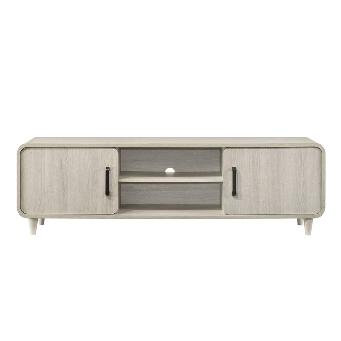 Giga antique white TV stand with sliding doors and handles, modern living room furniture piece with storage compartments.