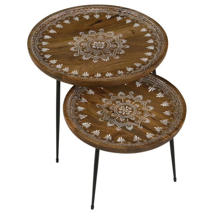 Nuala - 2 Piece Round Nesting Table With Tripod Tapered Legs - Honey And Black